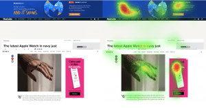 Two identical websites side by side. The image to the left has a heatmap.