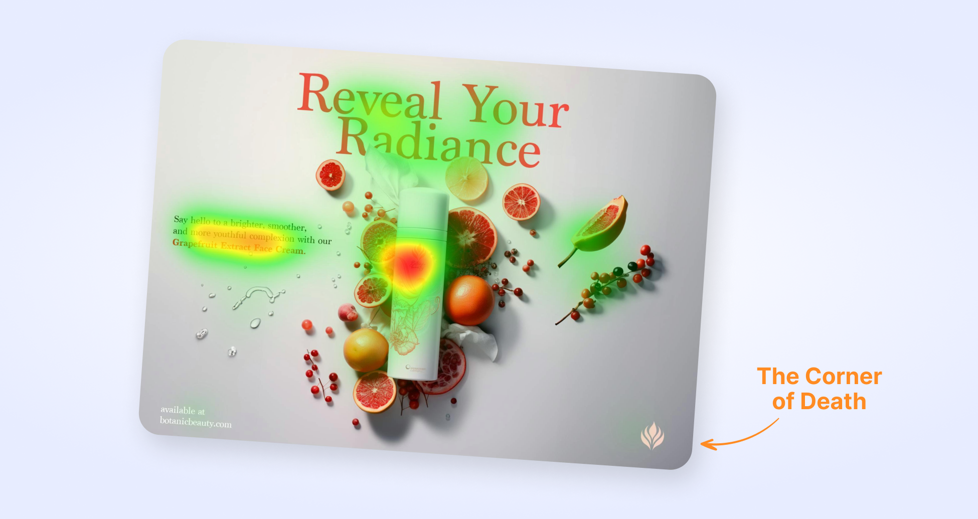 The corner of death, or the bottom right hand corner of the visual receives little to no attention. This often results in lack of impact, making it difficult for audiences to recall the brand after exposure.