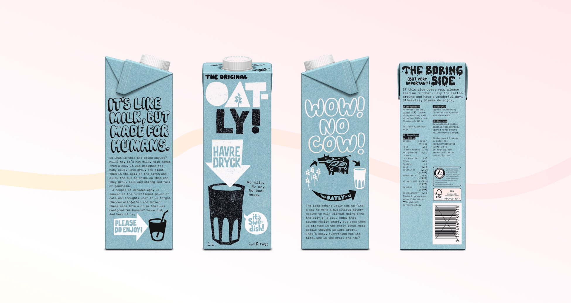 Oatly tells its brand story across its commercials, out-of-home ads, and packaging. These mediums all play into its brand story.